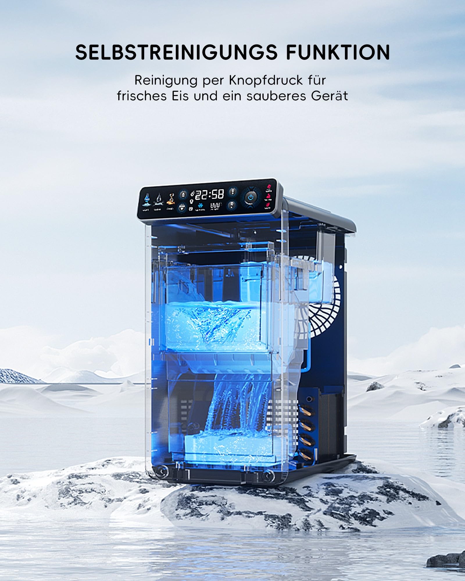 ecozy Eiswürfelmaschine Klein, Tragbar und Kompakt mit Farbdisplay, 24-Stunden-Timer, 12 KG/24H, Eiswürfel in 6 Minuten, 2 Eiswürfelgrößen, Selbstreinigende Ice Maker, Ideal für Küche, Büro, Partys
