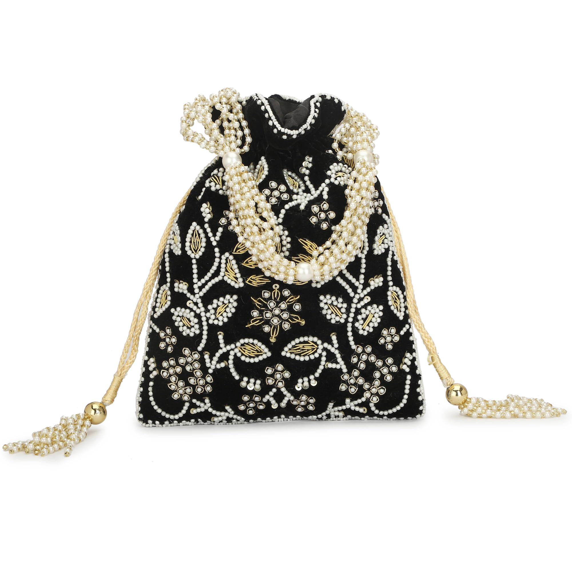 Women Mirror black fashion and gift, jewlery Potli Bag with Multi Color Latkan and Lace (BLACK) (B0CWVF77KV) Amazon Price History, Amazon Price Tracker