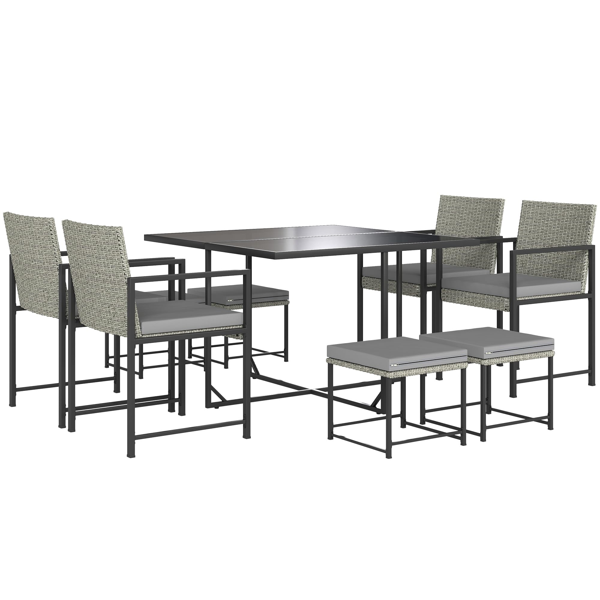 Outsunny Salon de Jardin extérieur en résine tressée 8 Places, Table et chaises de Jardin extérieur, 4 fauteuils, 4 tabourets, Coussins, Plateau en Verre trempé, pour terrasse, Balcon, Patio, Gris