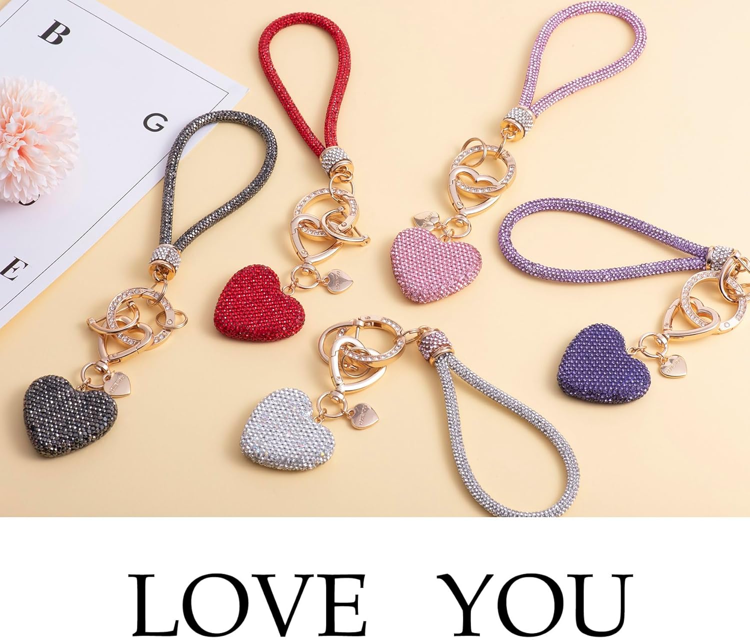 Cute Heart Keychains for Women, Bling Key chain Accessories Girly Wristlet Keychain for Car Keys, Backpack pom pom - Image 7