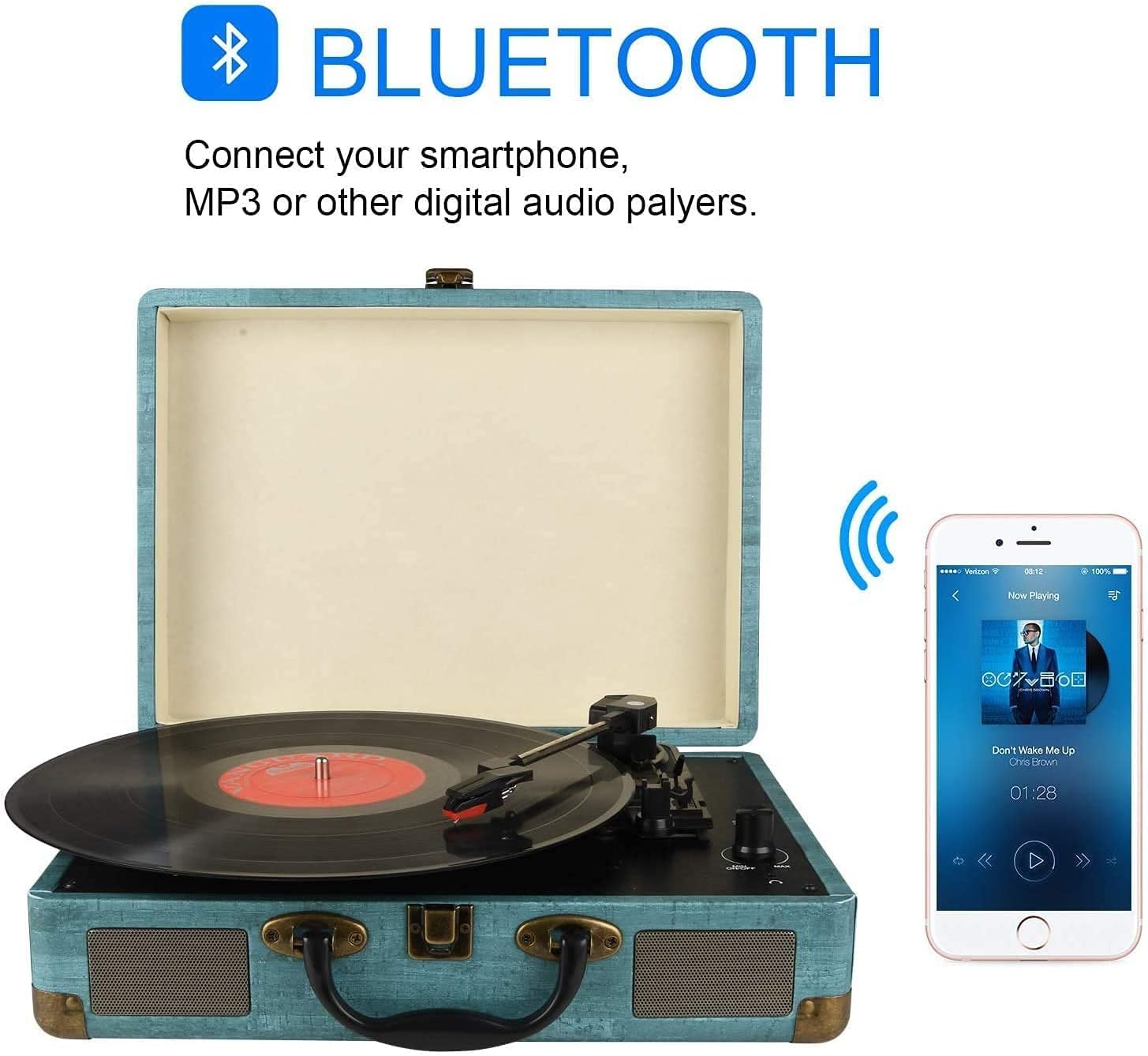 Platine Vinyle stéréo Portable, Tourne-Disque Bluetooth 3 Vitesses (33 1/3, 45 et 78 TR/Min) avec Haut-parleurs intégrés, phonographe Vintage avec entrée AUX 3,5 mm et Ligne RCA