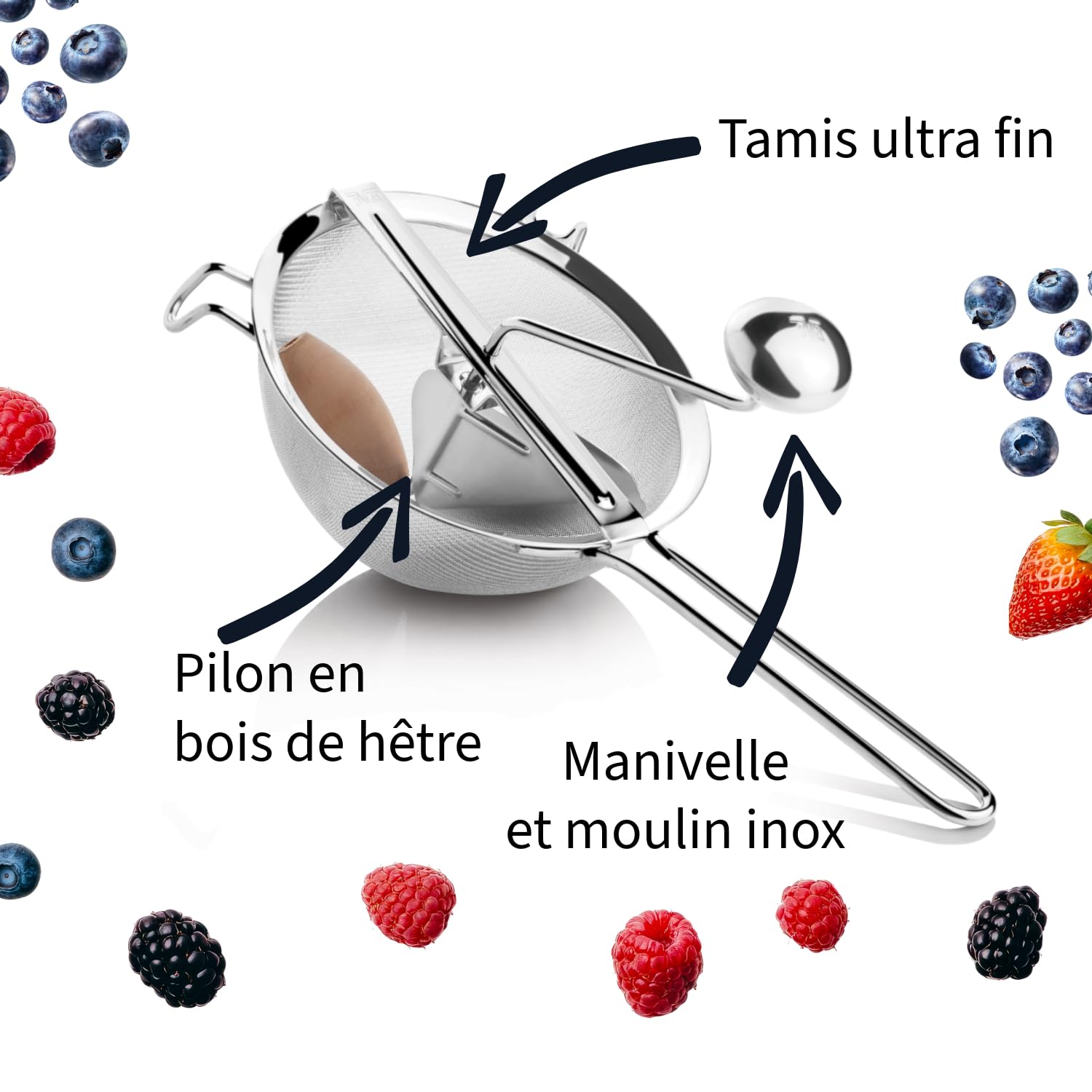 patisse 10561, Moulin à coulis, Moulin manuel à jus, Tamis ultra fin en inox, pilon bois de hêtre, Ø 20cm, Argent
