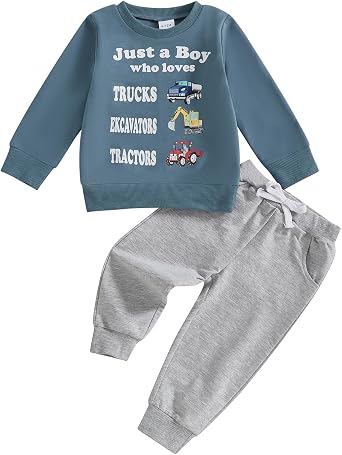 WZTYYDS Toddler Baby Boy Clothes Set Truck Letter Print Crew Neck Long Sleeve Sweatshirt Elastic Pants 2Pcs Fall Outfits