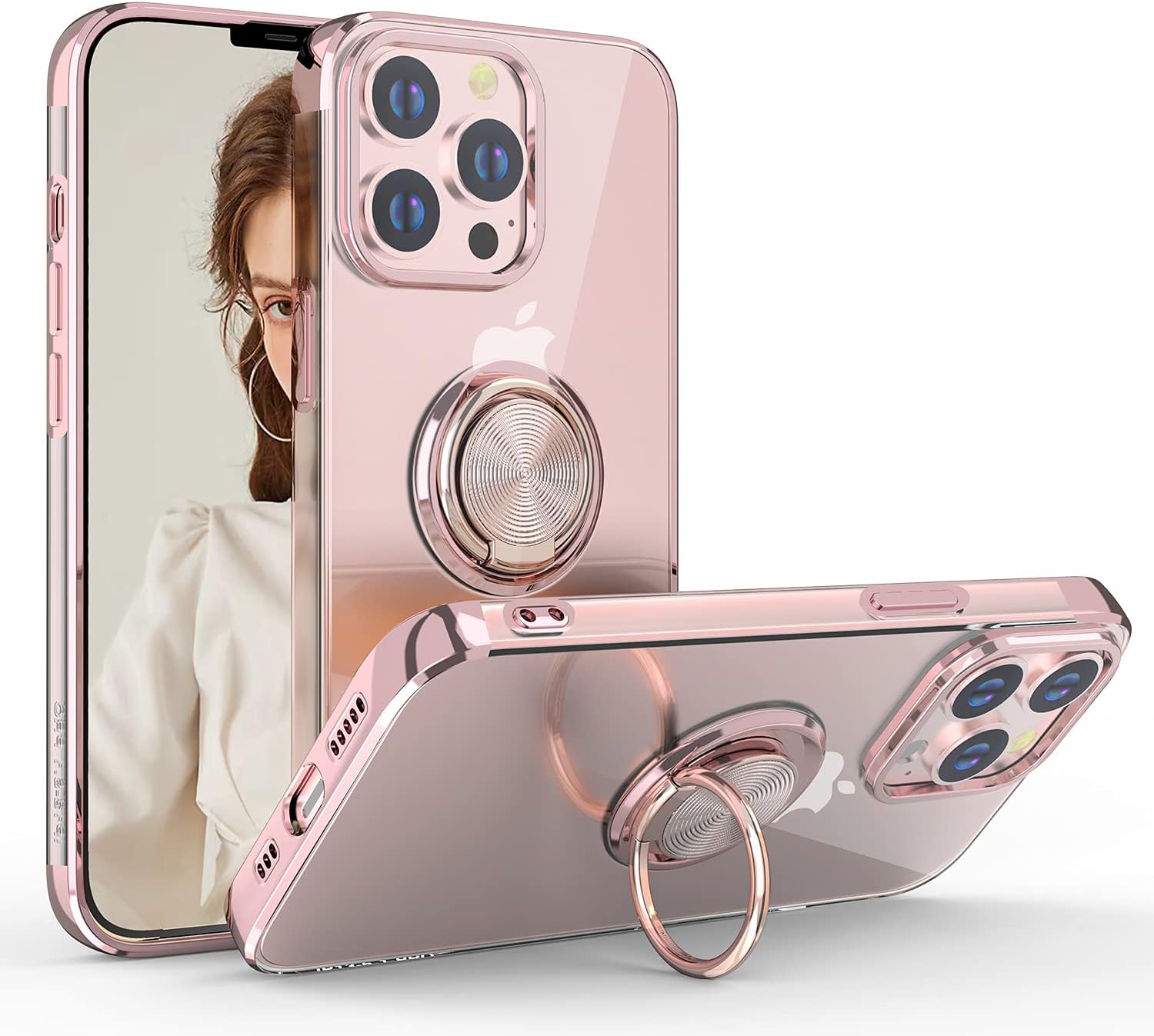 SQMCase Case for iPhone 13 Pro, Clear Body Soft TPU Shockproof Case with 360 Degree Rotation Ring Kickstand(Work with Magnetic Car Mount) for iPhone 13 pro 6.1 inch,Rose Gold