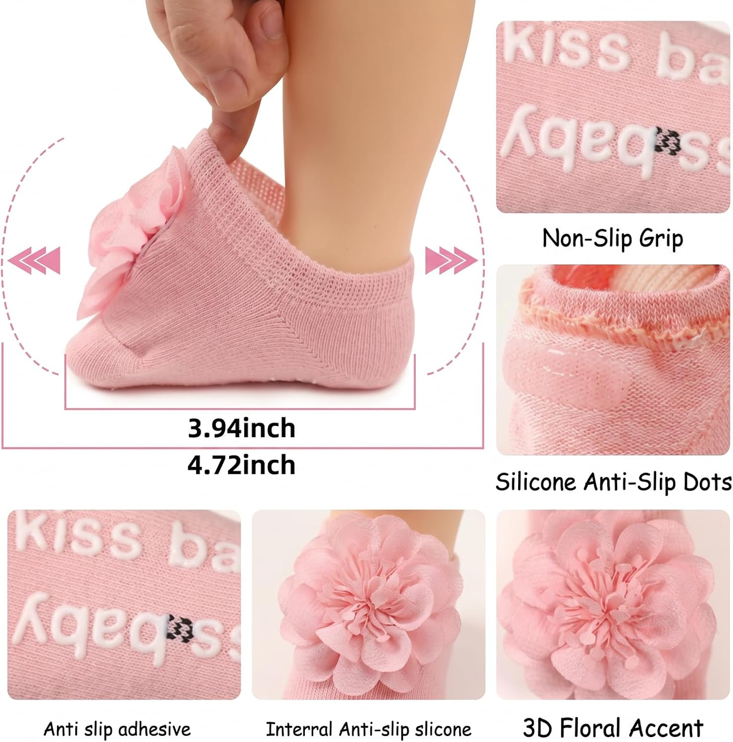 4 Pairs Baby Girl Non-Slip Flower Grip Socks, Soft Cotton Breathable Ankle Socks for Newborn Toddler Princess Cotton Breathable Ankle Socks for Newborn