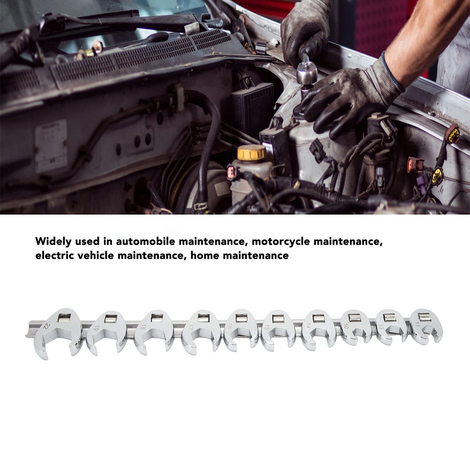 FUZHUI 10pcs 3/8-Inch Drive Metric Crowfoot Flare Nut Wrench Set - Crows Foot Wrench Set, Drive Crowfoot Wrench Set, 10mm to 22mm Sizes Metric Nut Wrench for 3/8in Drive Ratchet With Storage Rail