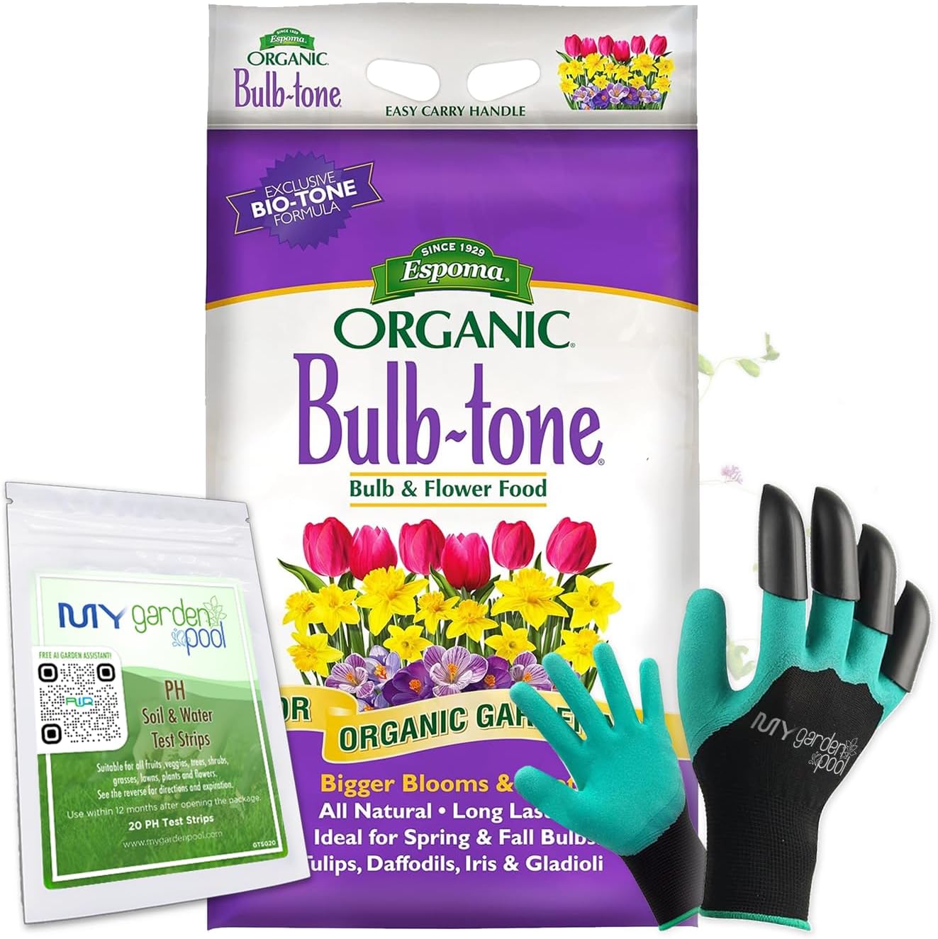 Espoma BT18 Bulb-Tone 3-5-3; 18 lb. Bag Natural Plant Food for All Bulbs with My Garden Pool PH Soil Test Strips 20 ct, and Gardening Claw Gloves and Garden-IQ, Smart Gardening AI Assistant!