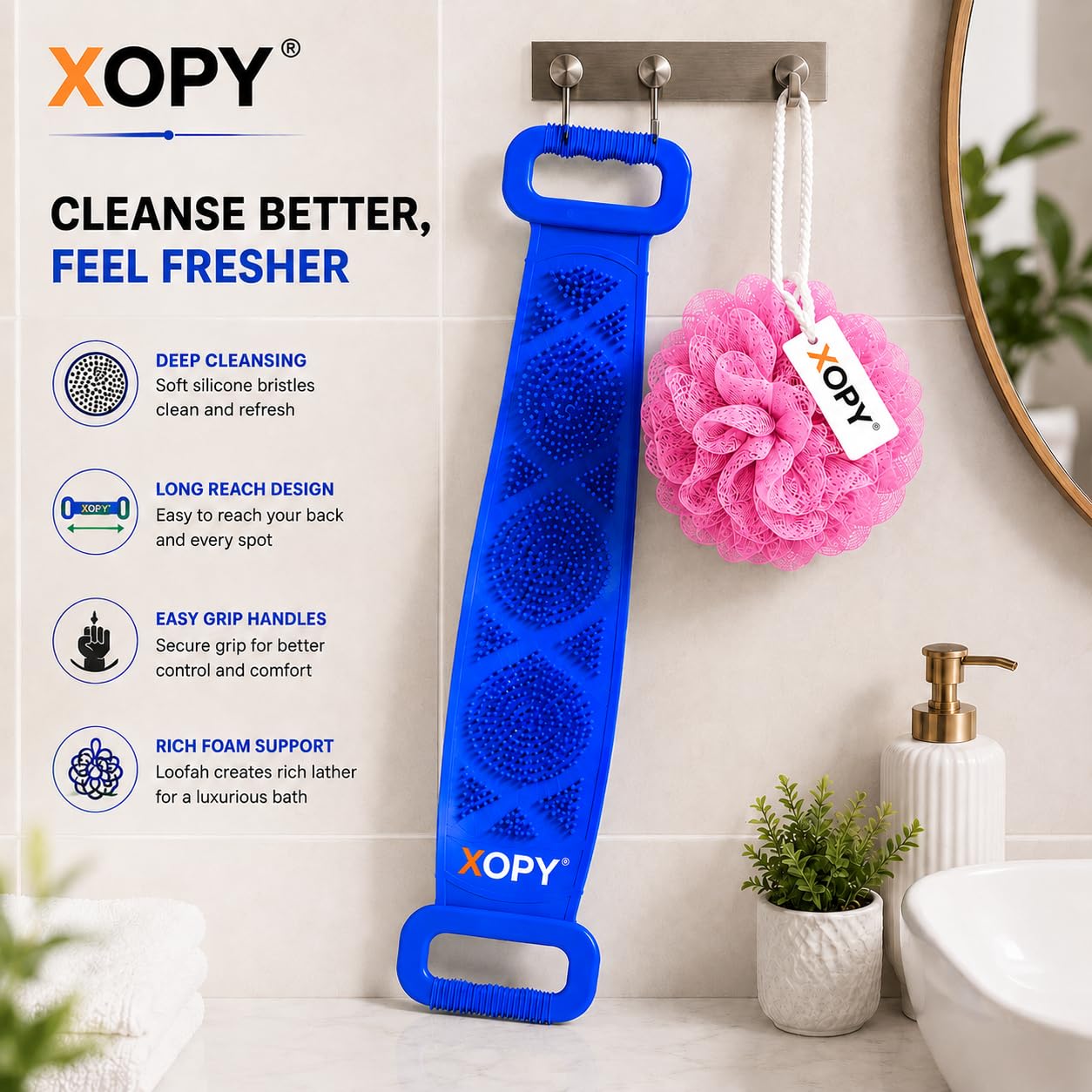 XOPY 2-in-1 Bathing Belt & Loofah Combo for Men & Women | Silicone Back Scrubber with Double-Sided Exfoliating Design | Long Handle Body Scrubber with Mesh Bath Pouf for Deep Cleansing & Rich Foam