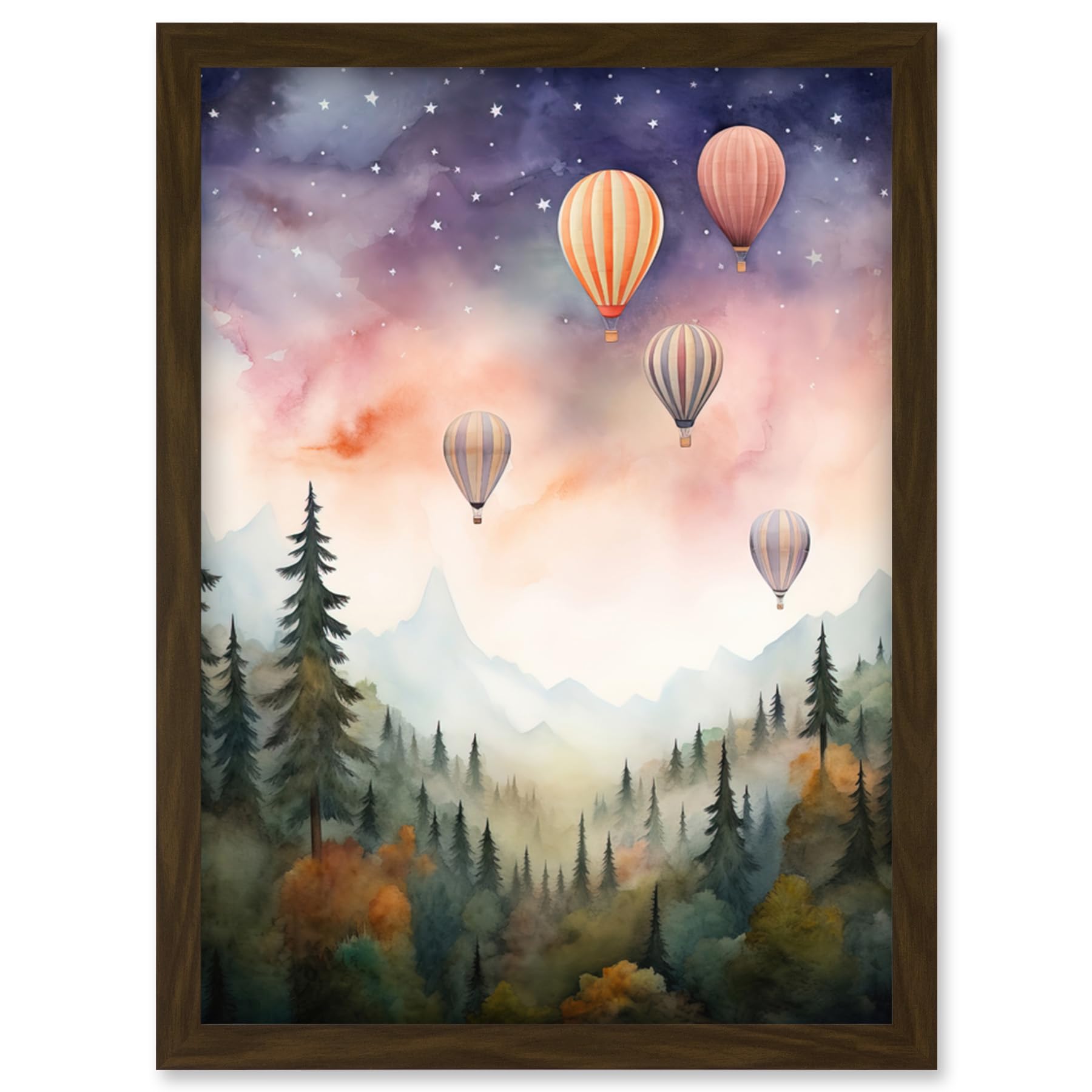 Artery8 Hot Air Balloons Over Misty Forest Landscape Watercolour Painting Orange Green Purple Dreamy Dusk Sky Stars Kids Bedroom Artwork Framed Wall Art Print A4