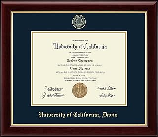 Church Hill Classics - University of California Davis 11" w x 8.5" h Diploma Frame - Fits a bachelor's, master's and phd - Gold Embossed Diploma Frame - Cherry Moulding with Navy and Gold Matting