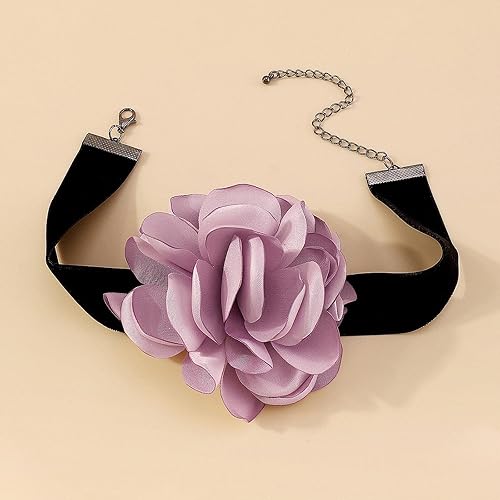 Miniatura 3 de Gargantilla bohemia de terciopelo negro con flor de rosa púrpura 3D y collar floral de satén, collar de flores grandes exageradas para regalos