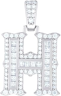 14K White Gold Look 925 Sterling Silver Unisex Baguette Round Moissanite 0.64ct Initial Alphabet H Charm Pendant