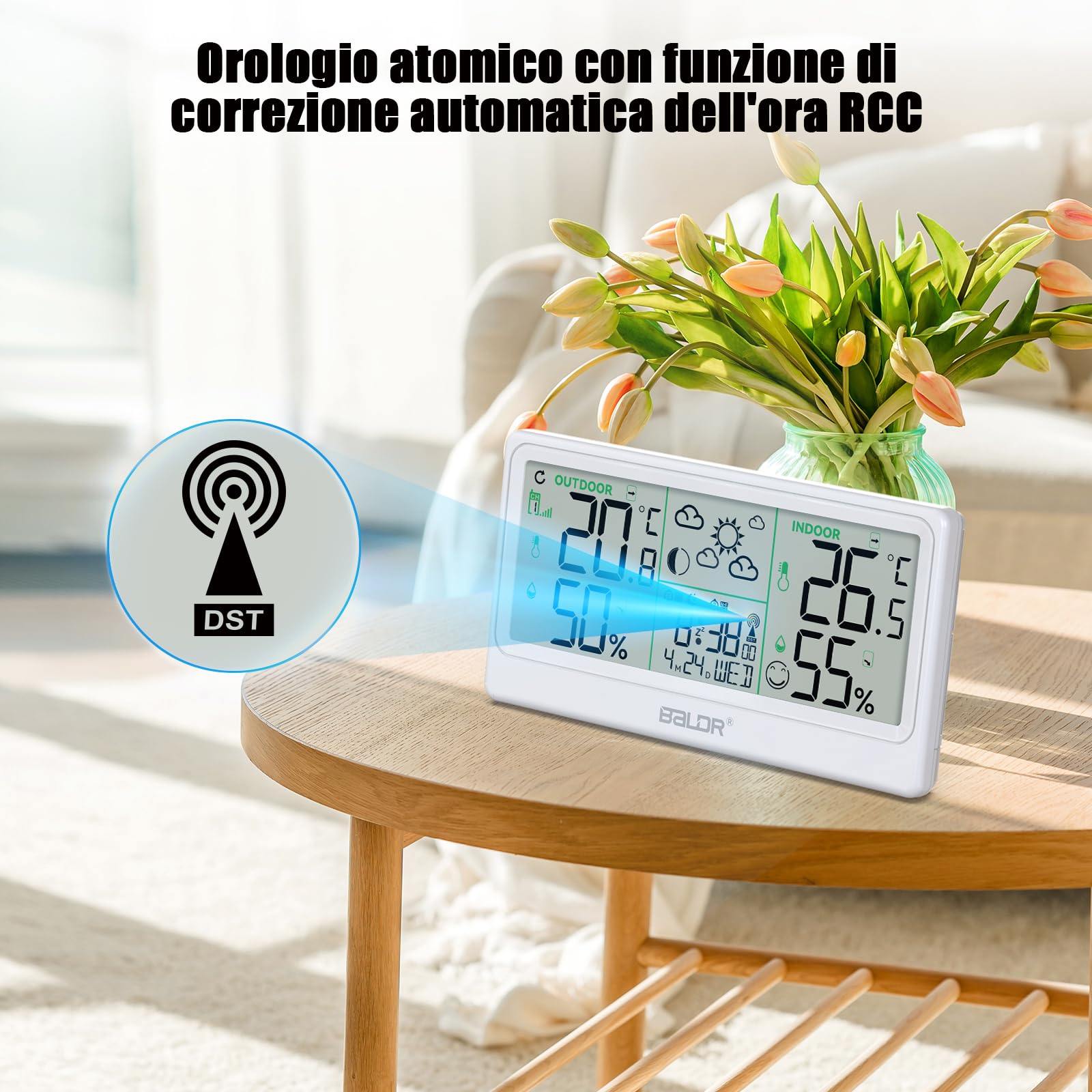 Stazione Meteo con Sensore Esterno,Thermometri e Igrometri Interni ed Esterni, 8,5''Stazione Meteorologica con RCC,Previsioni del Tempo, Fasi Lunari, Temperature Massime/Minime e Allerta Rischio Muffa