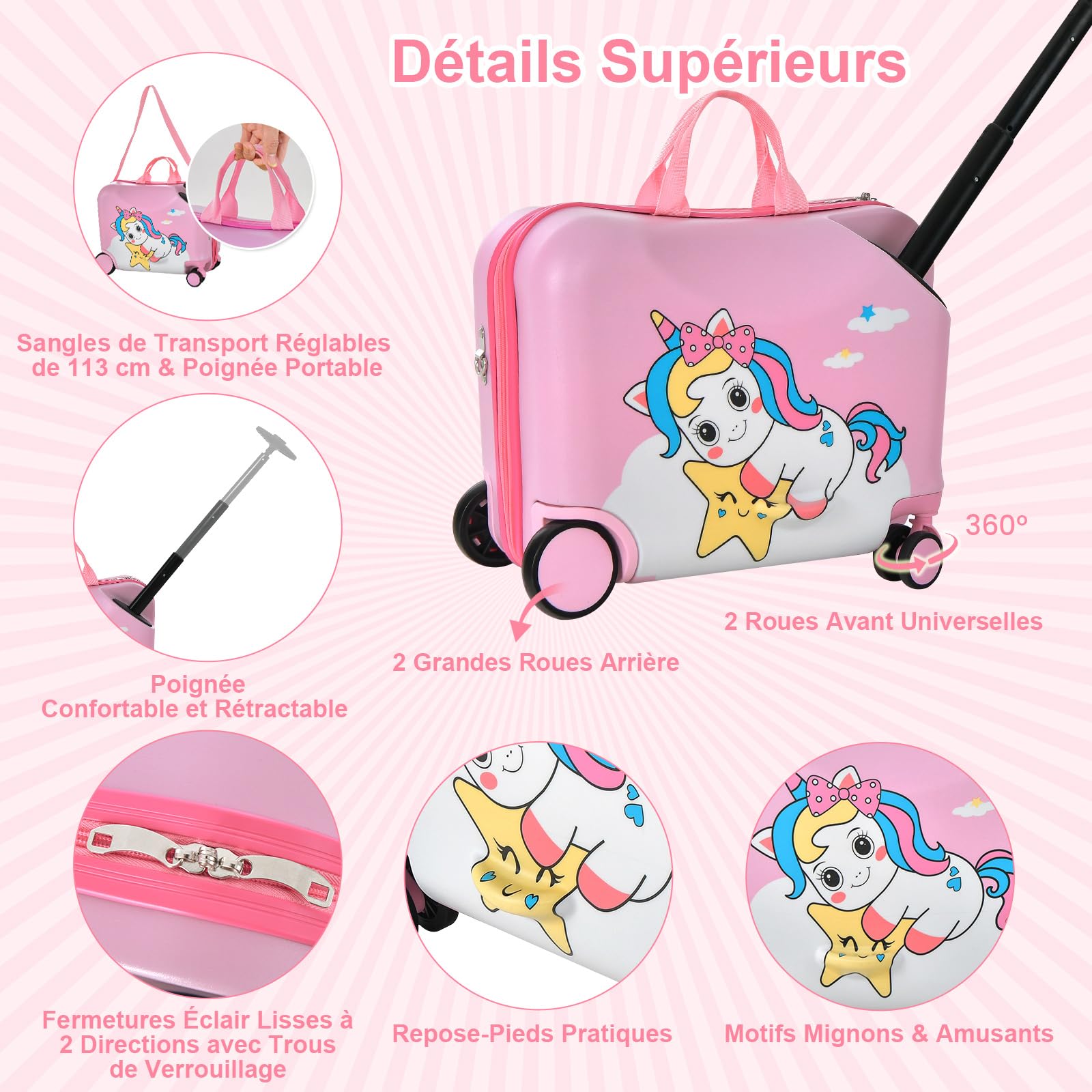 COSTWAY Valise Enfants à roulettes 18” avec Sac à Dos 12”, Bagages à Main pour Voyage avec Roues Coque Imperméable Poignée Rétractable pour Enfants de 3 Ans+ Charge 50KG+8KG (Rose Licorne)