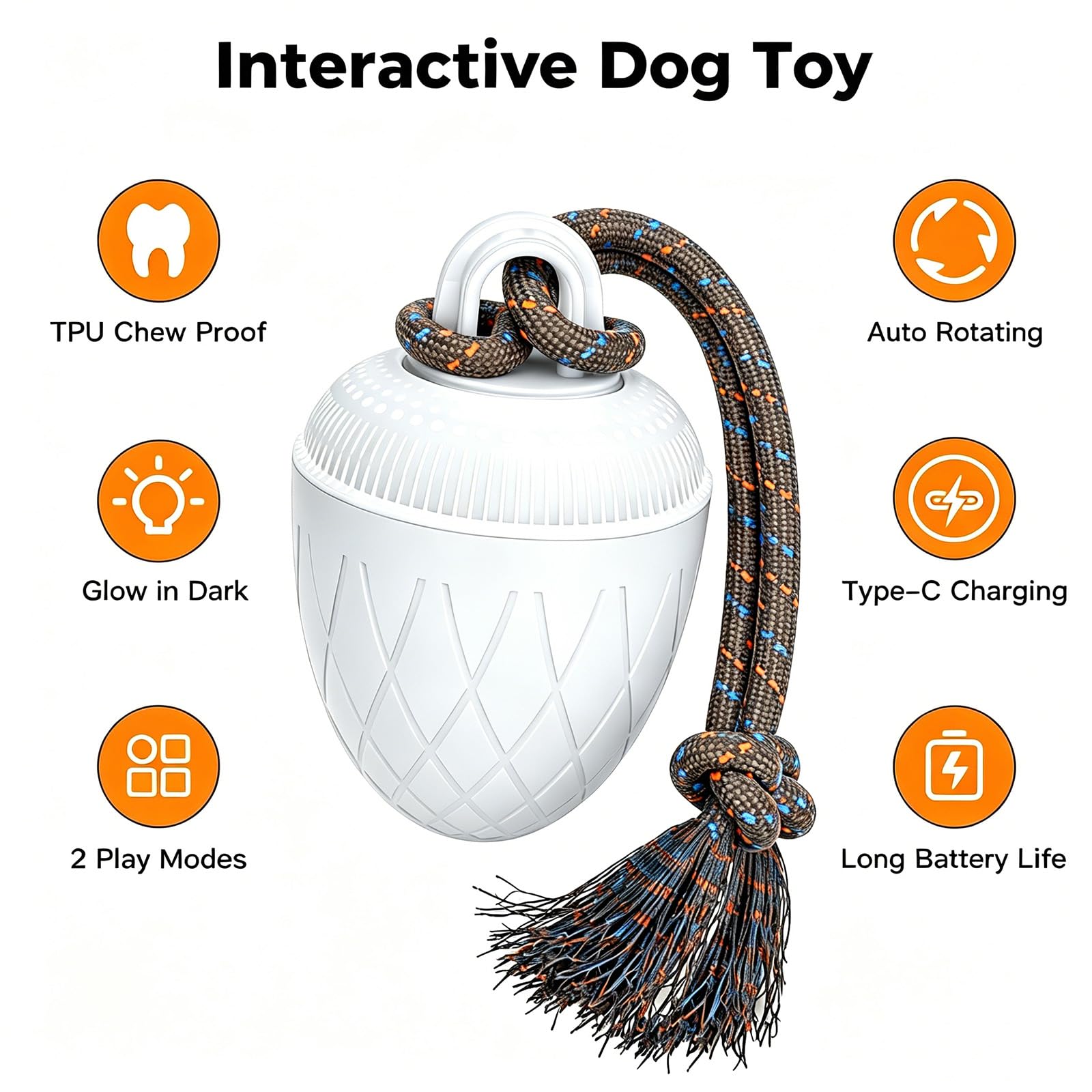 Jouet interactif pour chien de taille moyenne et grande - Jouet pour chien à mouvement automatique avec sons d'oiseaux et corde, balle intelligente rechargeable par USB avec modes rapide et