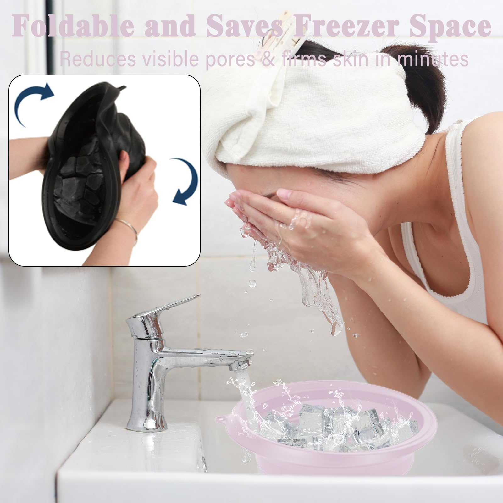 Cuenco grande de silicona para baño de hielo facial con icetray integrado, diseño plegable y colgante para un fácil almacenamiento y transporte, baño de hielo facial en casa y viajes (morado)