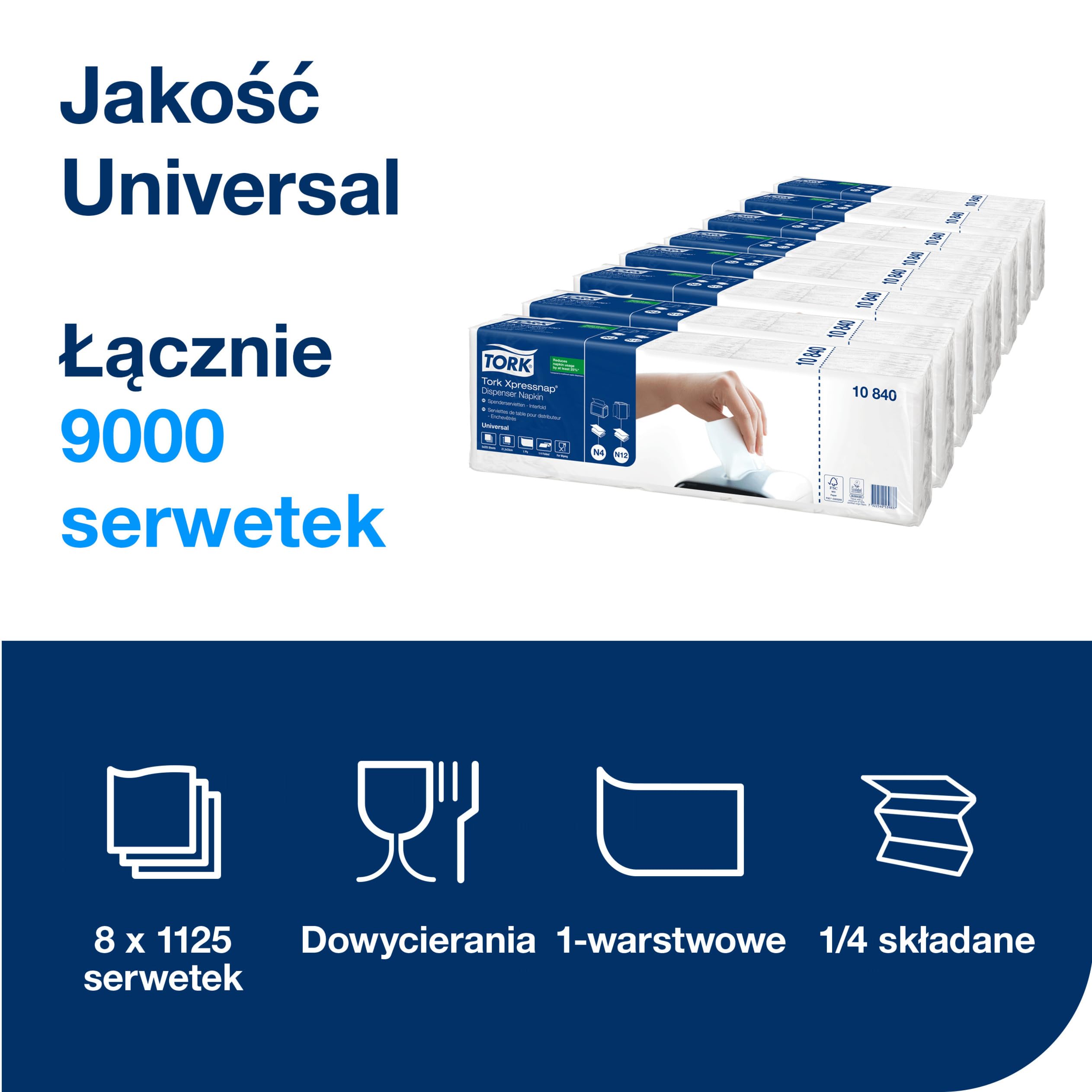 Tork Serwetki Xpressnap N4, białe, Universal, składane w 1/4, jednowarstwowe, 21 cm × 33 cm, 8 × 225 serwetek, 10840