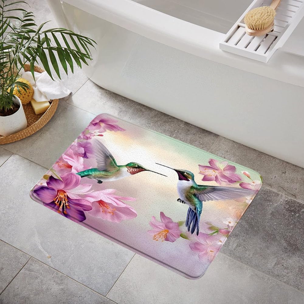 Hummingbird Floral Bath Mat Watercolor Flower Animal Wildlife Spring Rustic Garden Memory Foam Bathroom Kitchen Rug, 23.6x59 Inch
