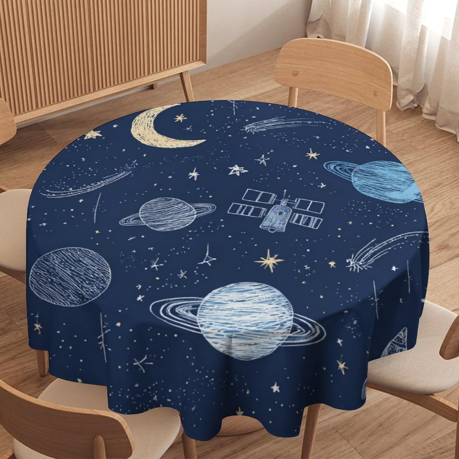LUYYSKY Cute Cartoon Galaxy Rocket Round Tablecloth Modern Classic Outer Space Moon Planet Constellation Pattern Washable Decor for Table Cover for Kitchen-177.8" Wx177.8 L cm