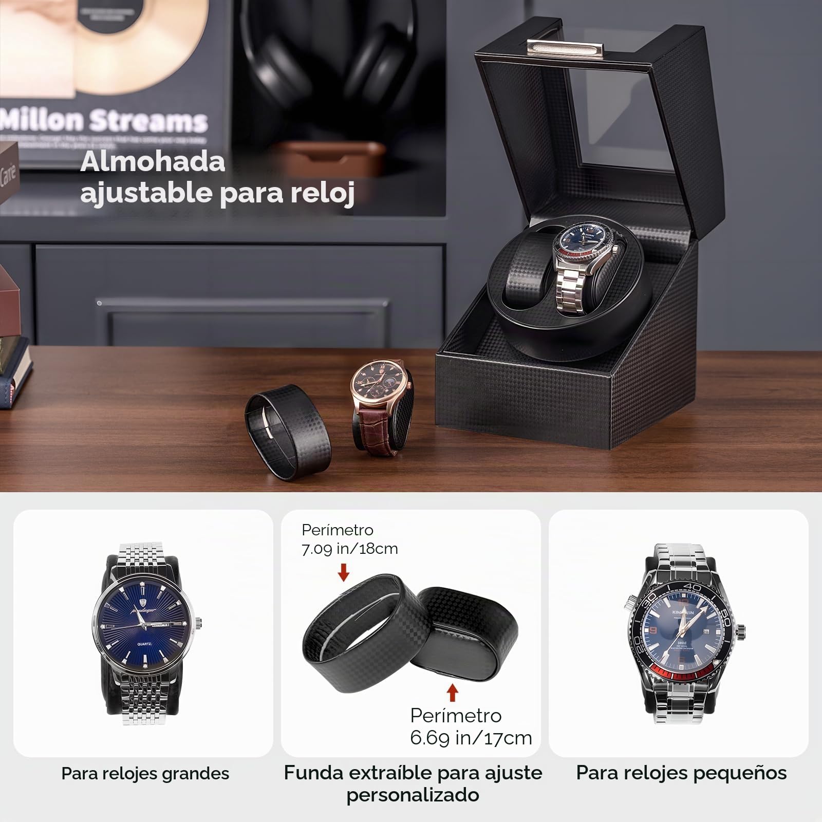 ProCase Enrollador de relojes automáticos, caja giratoria de reloj con motor silencioso y almohada flexible, caja giratoria de relojes para hombres y mujeres, 2 ranuras