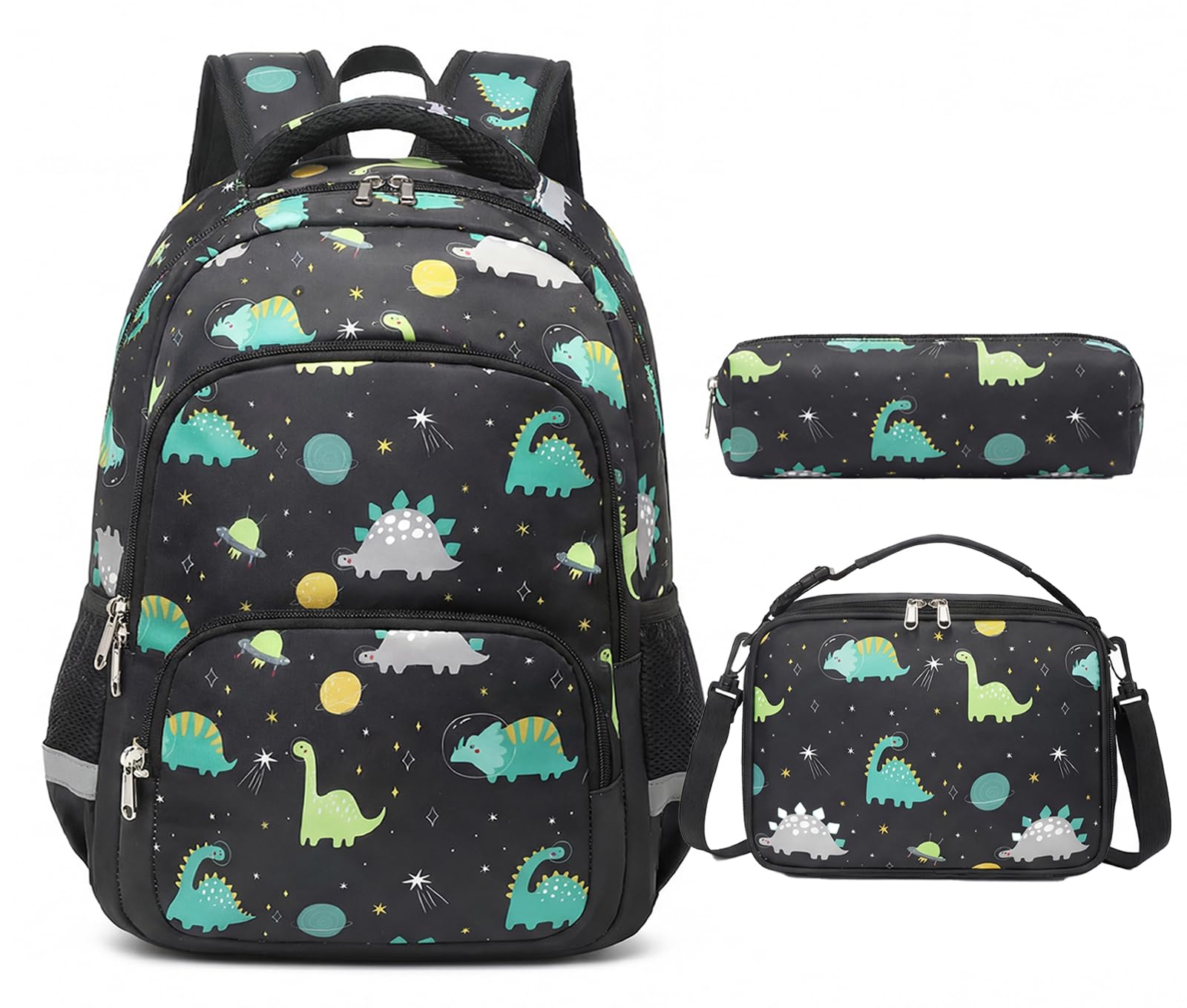 mygreen Kinder Rucksack Set, 3-in-1 Schulrucksack mit Lunchbox & Federmäppchen für Jungen Mädchen, Leicht Langlebig für Kita, Picknick, Outdoor-Reisen, Schwarze Dinosaurier