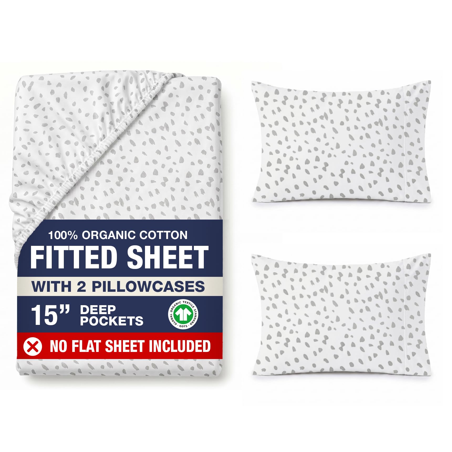 LANE LINEN Queen Fitted Sheet, 100% Organic Cotton Fitted Bed Sheets, 3 Pc Set(1 Fitted Sheet,2 Pillowcases) Percale Weave, Breathable, Fits Mattress Upto 15" Deep - White(Grey Dot)(No Flat Sheet) โ image 1