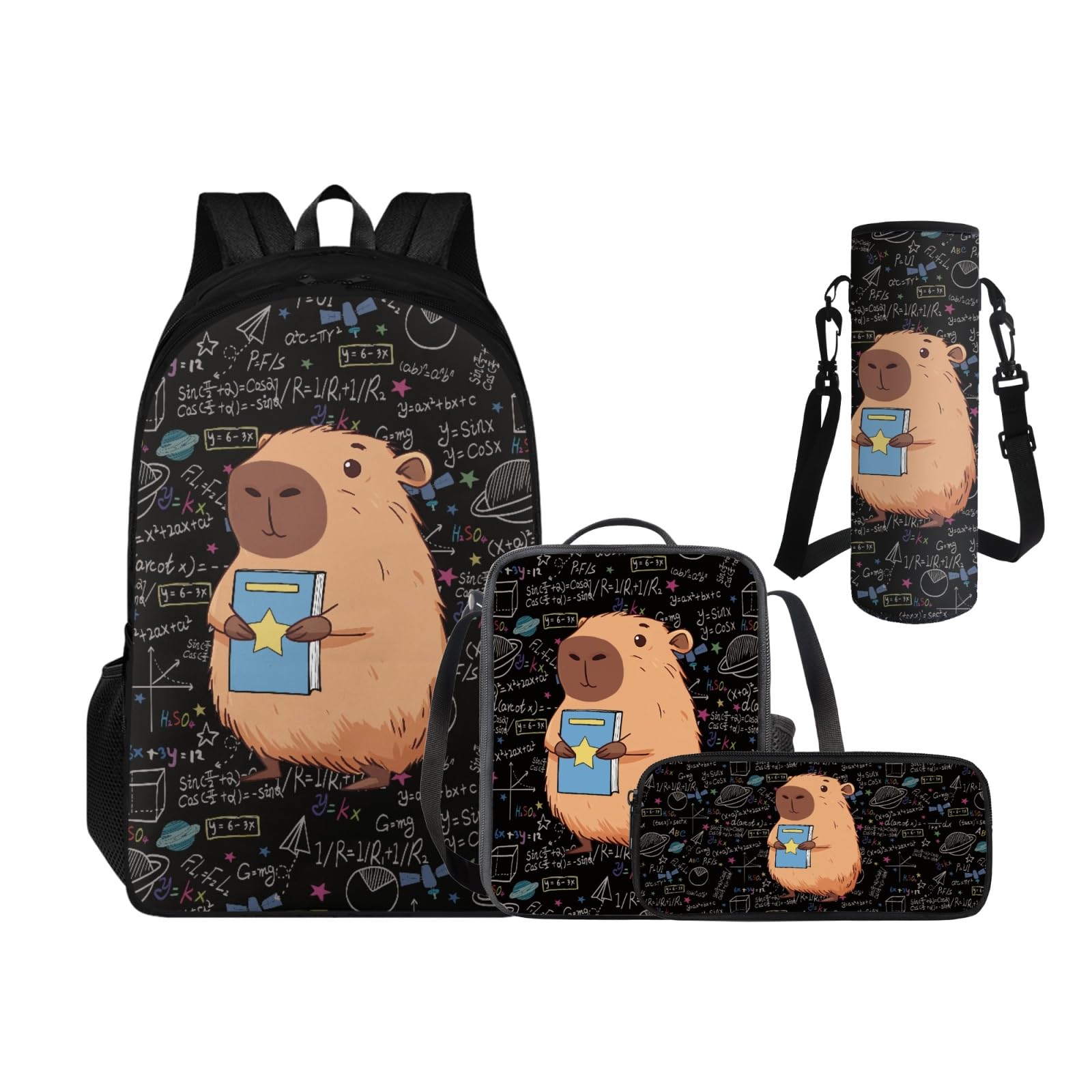 Hinthetall Capybara Backpacks for Boys with Lunch Box Pencil Case and Water Bottle Holder 4 PCS Set, 3rd Grade Boys Backpack Bookbag Accessories Sets for Kids Back to School Multifunctional Use