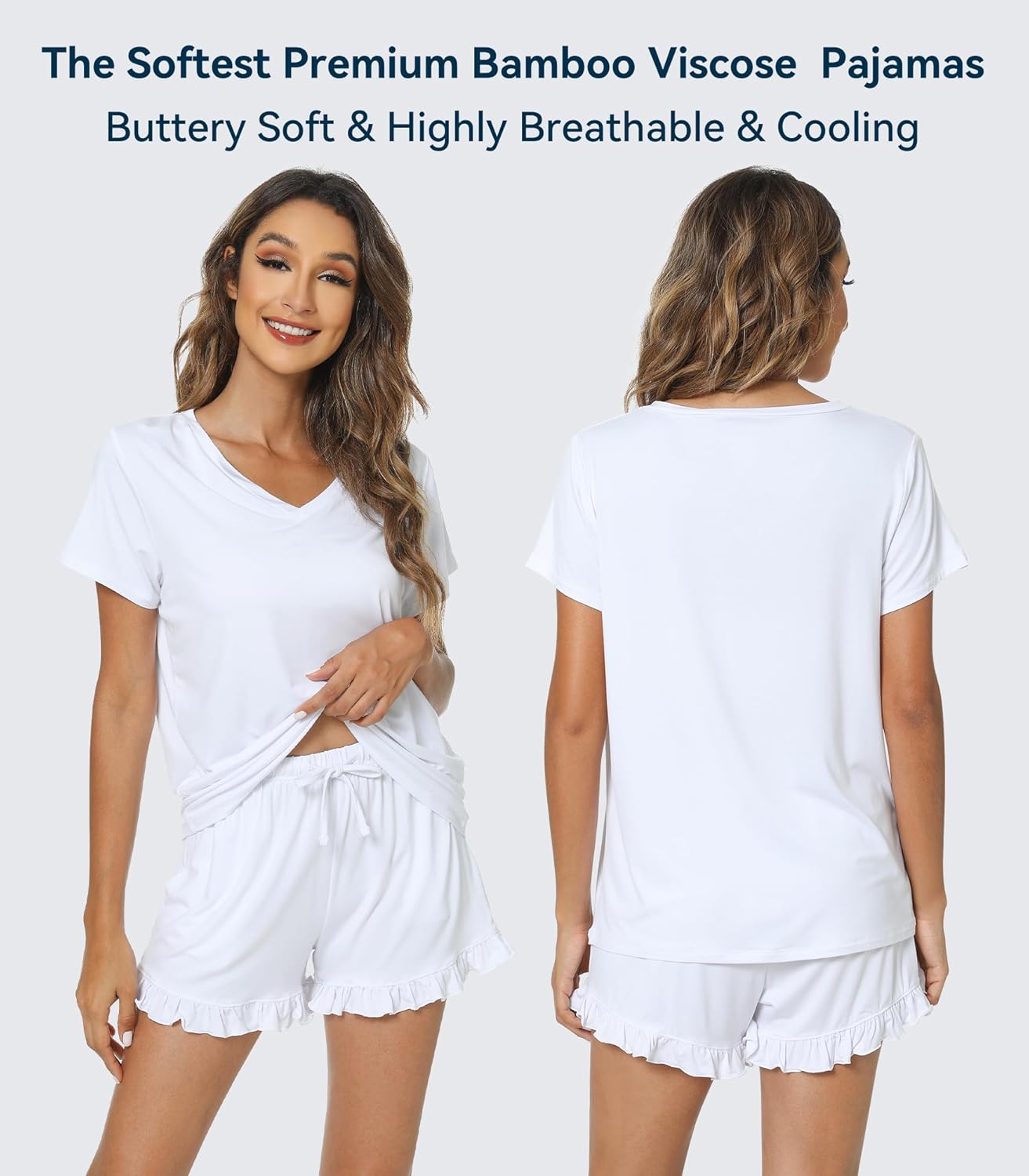 WiWi Womens Pajamas Set Bamboo Viscose Super Soft Short Sleeve Top Ruffle Shorts Sleepwear Cooling Pj Sets S-XXL - Image 3