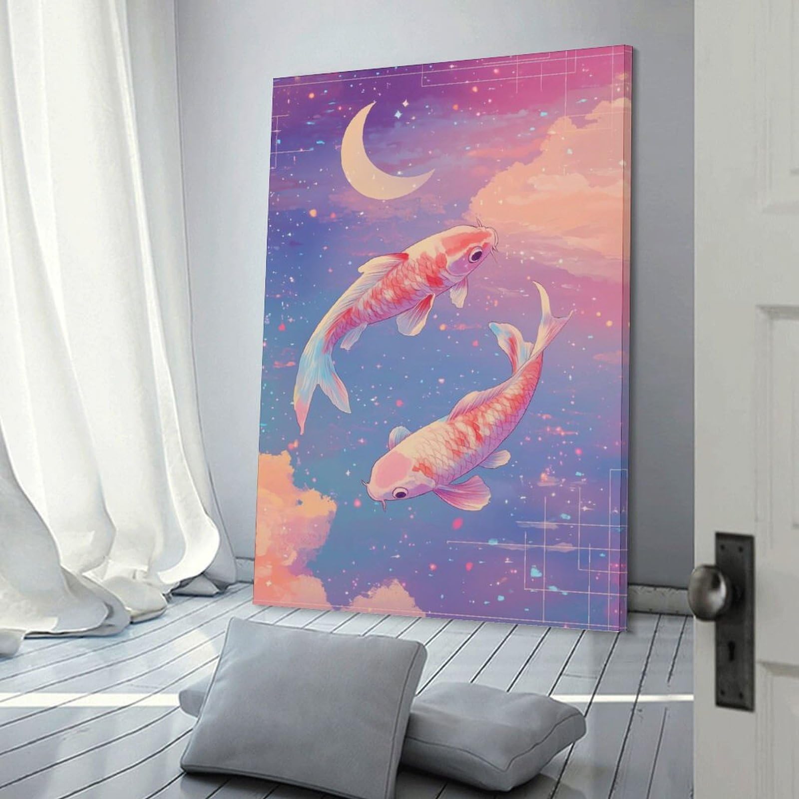 Junmoney Koi Fish in Dreamy Sky Decorative Wall Artwork 24x36inch(60x90cm), for Front Hall, Corridor Or Welcome Spaces, Decorative Wall Art for Narrow Spaces