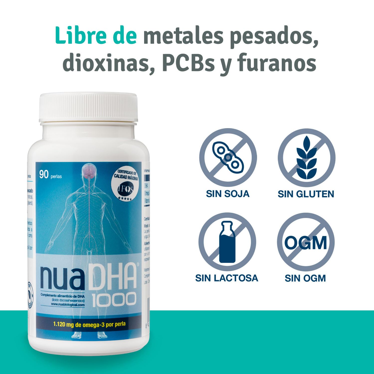 Nua Biological NuaDHA®1000 – Omega 3 100% DHA – 90 Perlas (3 Meses) – 1000 mg DHA por Perla – Forma Triglicérido – Alta Concentración – Sin Grasas Vacías