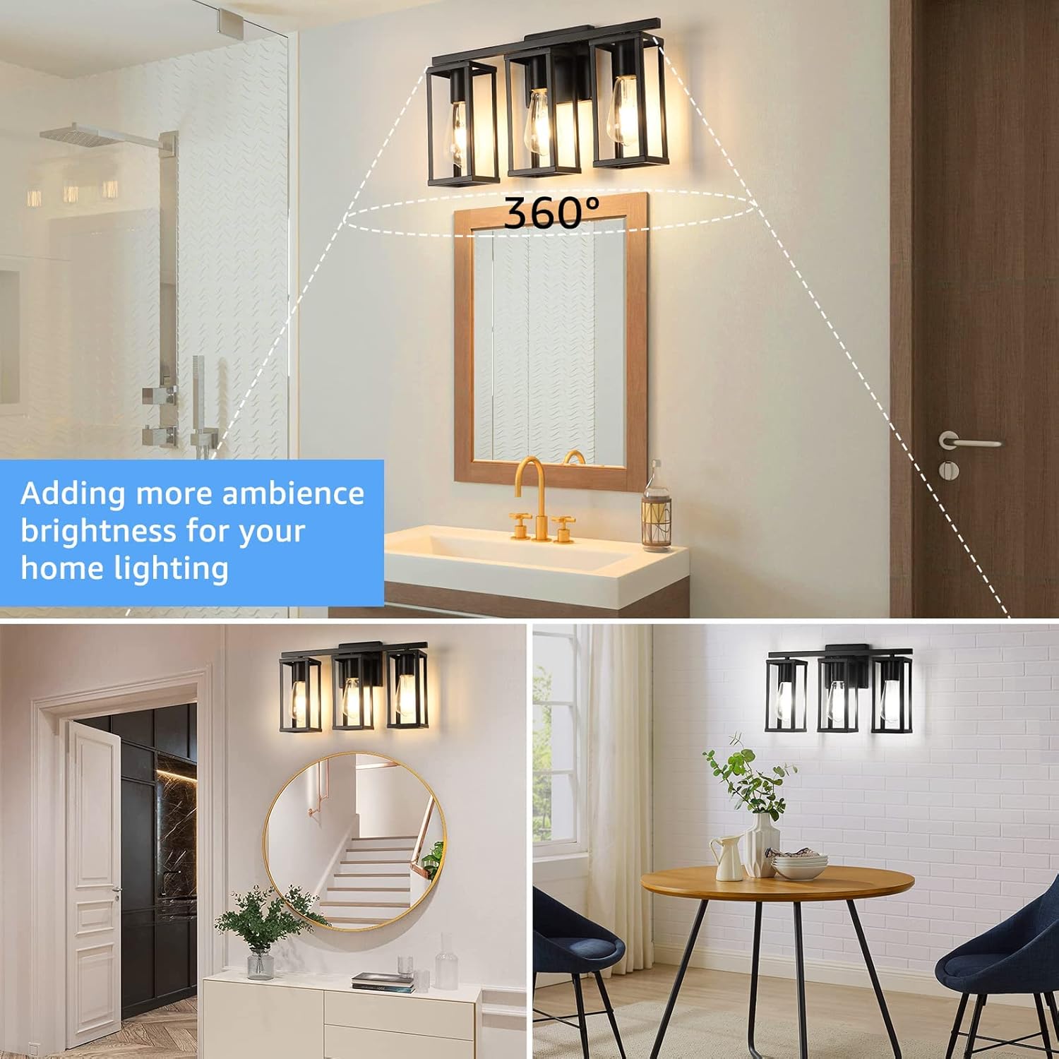 ShineTech 3-Light Bathroom Light Fixtures, Farmhouse Vanity Lights with Metal Cage, Black Bathroom Vanity Light, Anti-Rust Wall Lamp, Bathroom Light for Mirror, Cabinet, Kitchen, Living Room, Bedroom