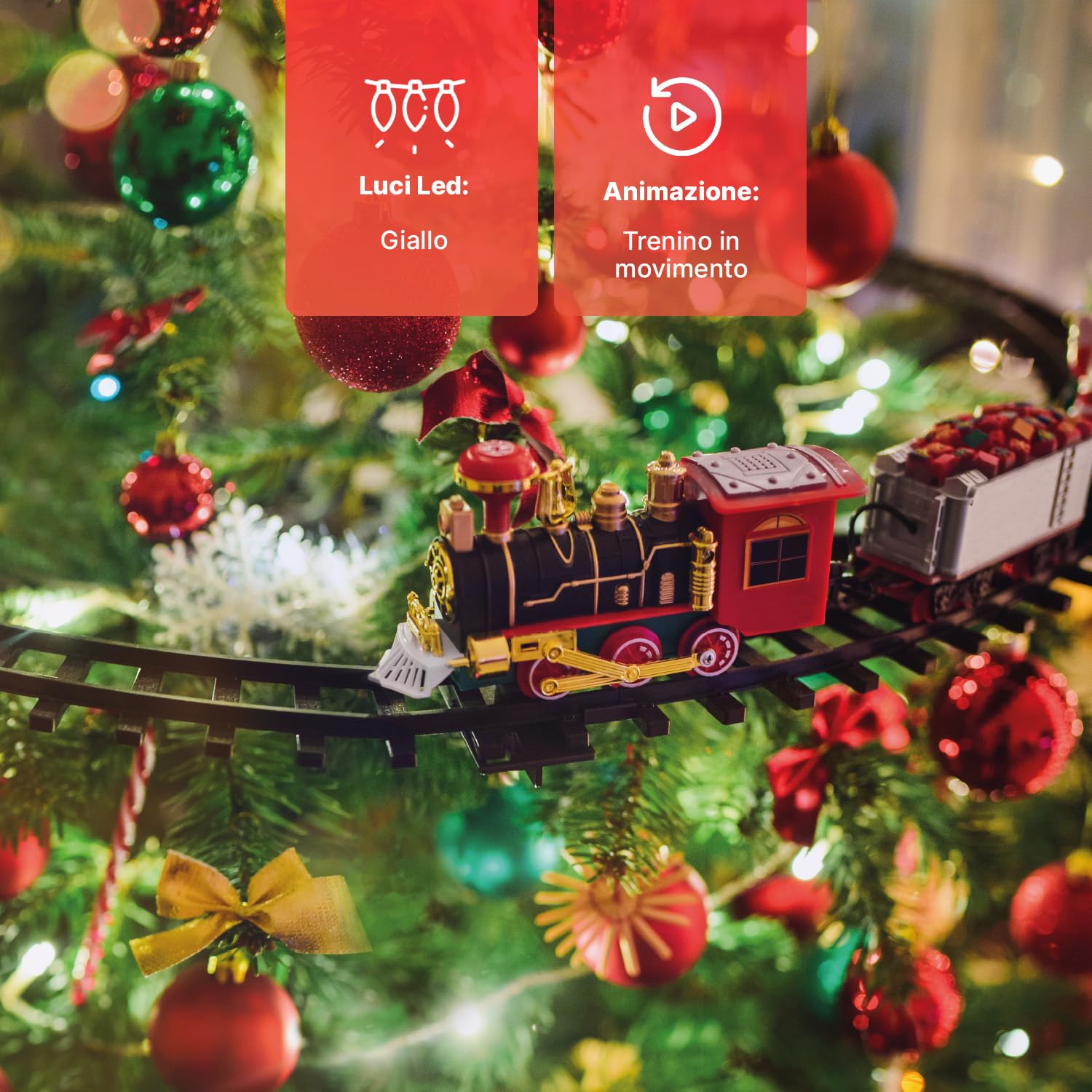 Avilia Trenino Elettrico Natalizio in Movimento con Luci e Suoni - Decorazione per Albero di Natale - Treno con Binari di diametro 89cm - Treno per Albero di Natale Sospeso o da Terra con Batteria