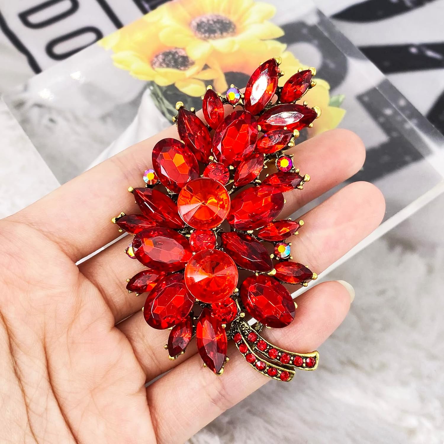 LAXPICOL Vintage Green Austrian Crystal Flower Leaf Bouquet Clusters Large Big Brooch Pin for Women Gold Tone - Image 3