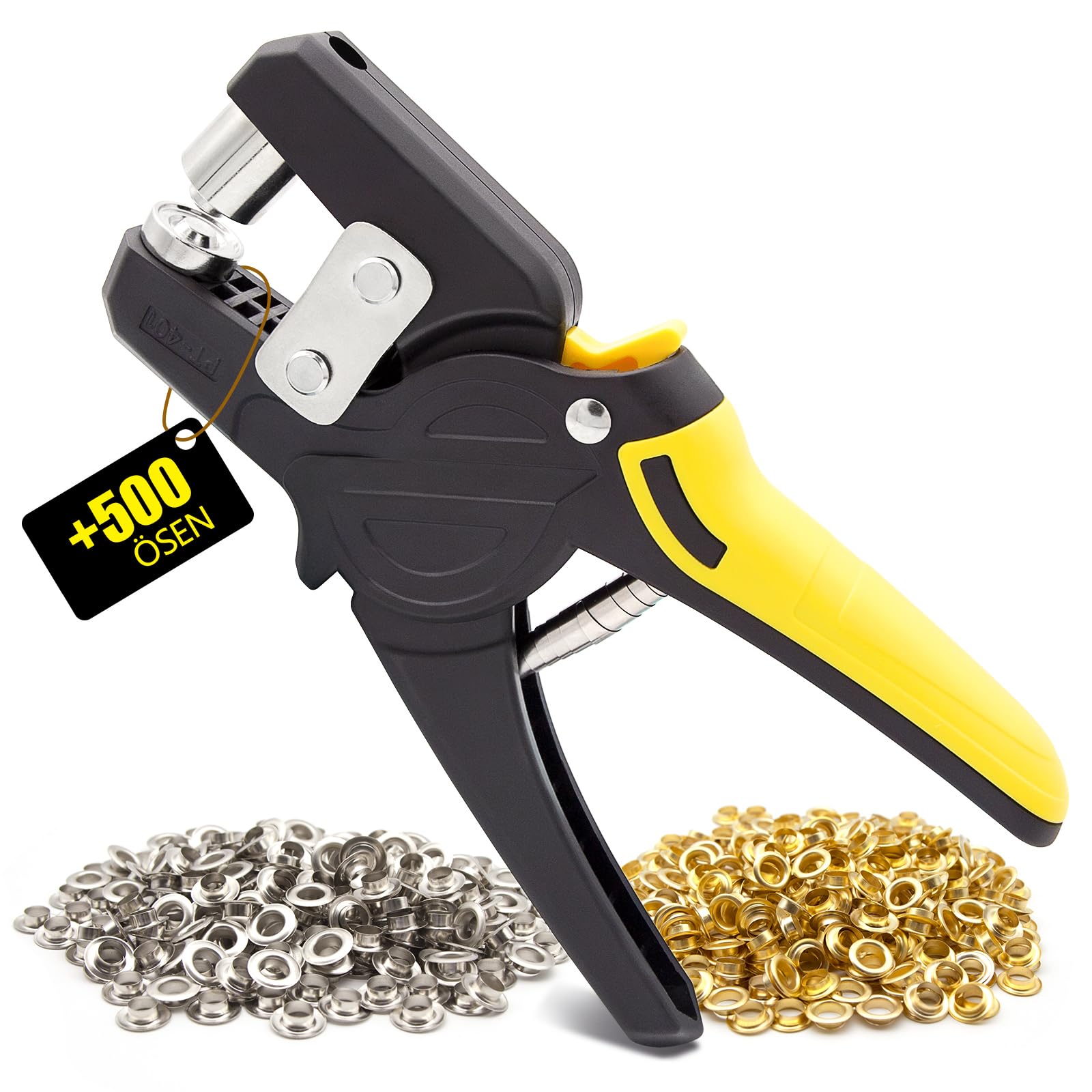 Riveter Eyelets, Eyelet Pliers Lock with 500 Eyelets (Inner Diameter 10 mm), Professional Pliers Set for Canvas, Leather, Cardboard, PVC Fabric, Canvas (Yellow)