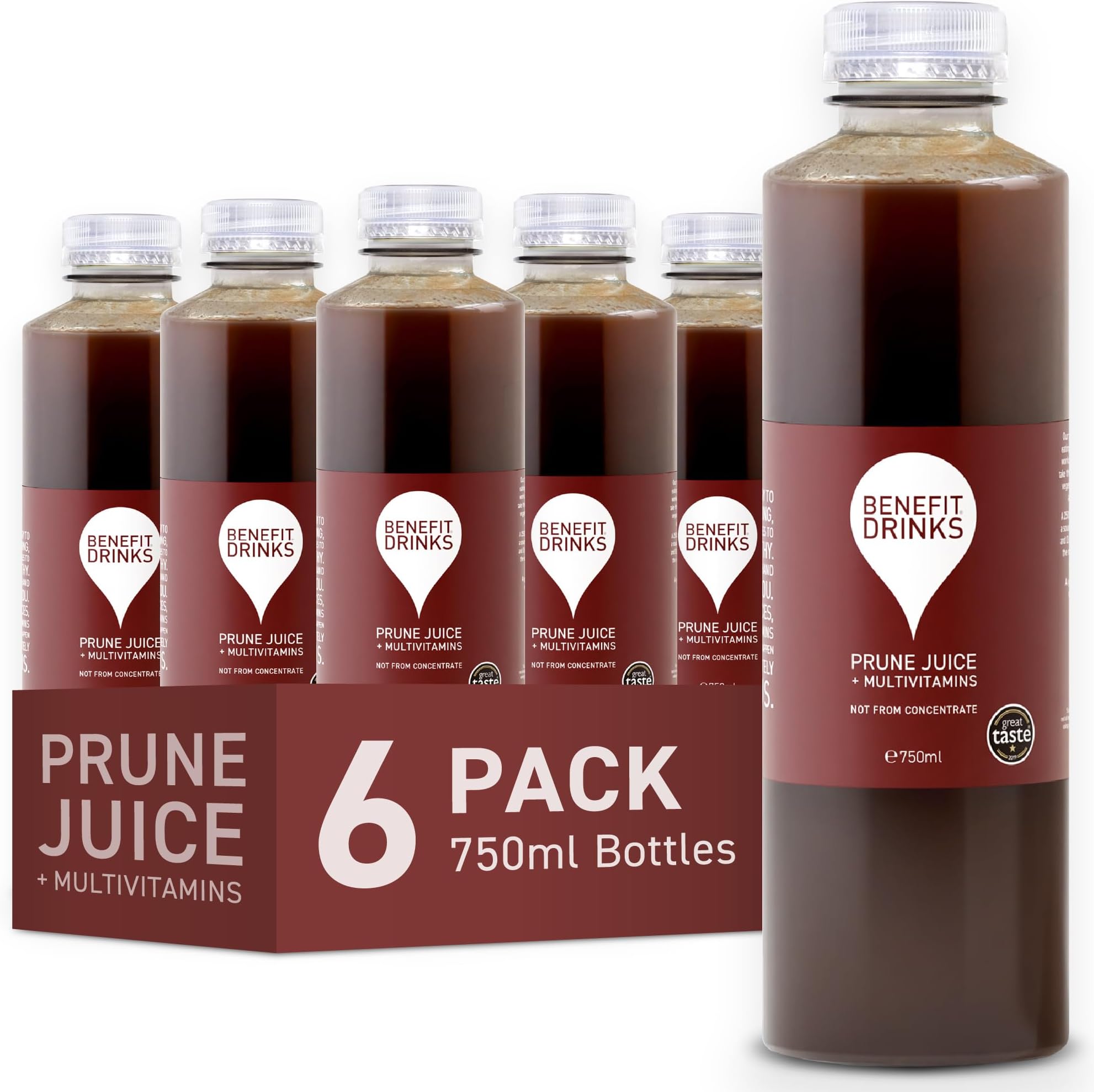 Benefit Drinks 100% Not from Concentrate Pure Prune Juice - 6 x 750ml Cartons - Prune Juice for Constipation with with Vitamin A,C and E- Health Foods - Healthy Drinks