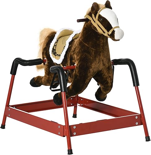 Qaba Caballo mecedor de primavera para niños, caballo para niñas y niños con sonidos de animales, caballo de felpa con sensación suave, juguete