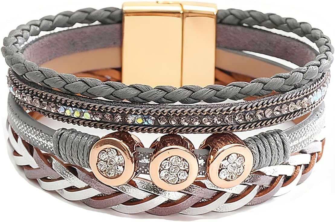 Leather Wrap Bracelets for Women, Boho Leopard Multi-Layer Crystal Beads Cuff Jewelry