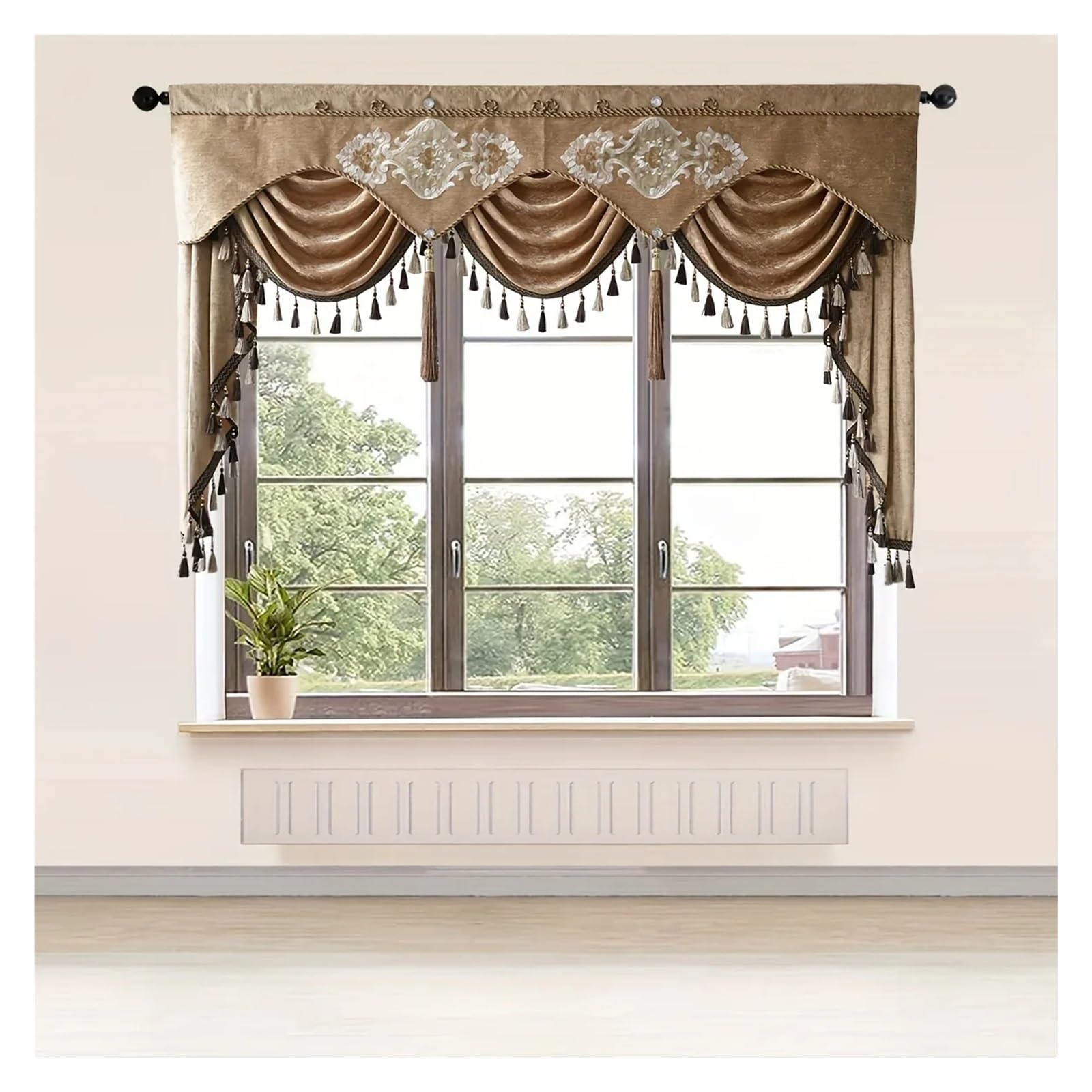 ZHOUXYFDC Swag Valance For Windows Brown Floral Valance For Living Room Luxury Flower Waterfall Swag Window Treatment For Bedroom, Rod Pocket Top(W200xH120CM(3 swag))