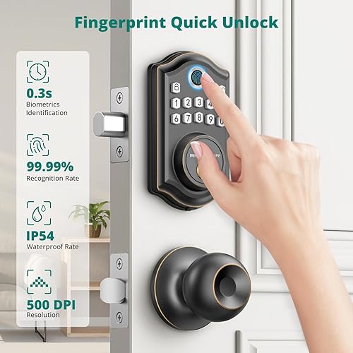 Miniatura 2 de DS10 - Cerradura de puerta de entrada sin llave con perilla de puerta, cerradura de puerta de huellas dactilares, cerrojo de teclado electrónico,