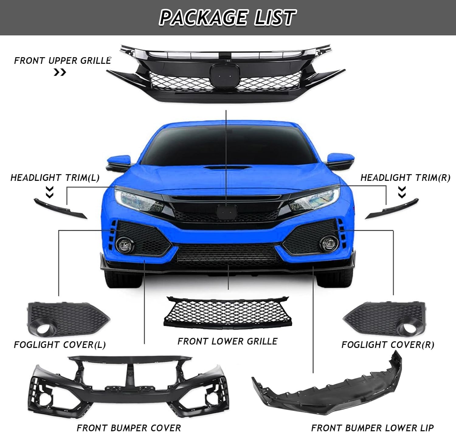 Type-R Style Front Body Bumper Kit Fit for 2016-2021 Honda Civic 10th-Gen Sedan Body Kit Retrofit Parts Bumper Cover With Upper&Lower Grille + Fog Lights Cover + Lower Tip