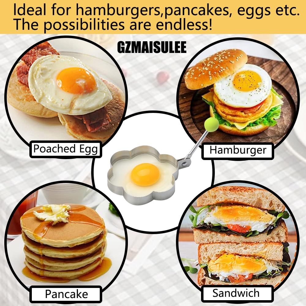Stainless Steel Egg Cooking Rings - 5 Pack Griddle Set, Heart, Flower, Star, Micha, Round Pancake Molds, Yellow - Image 2