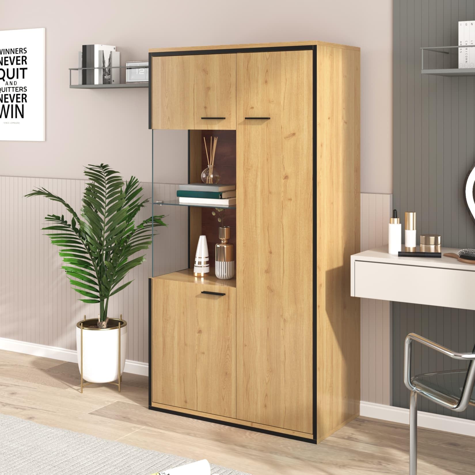 PUGSDRLY Vitrine Moderne éclairage LED,Armoire de Vitrine Salon avec étagère en Verre,Armoire Moderne Polyvalente avec Grand Espace,Meubles de Rangement pour Cuisine Salon et Bureau (Natural)