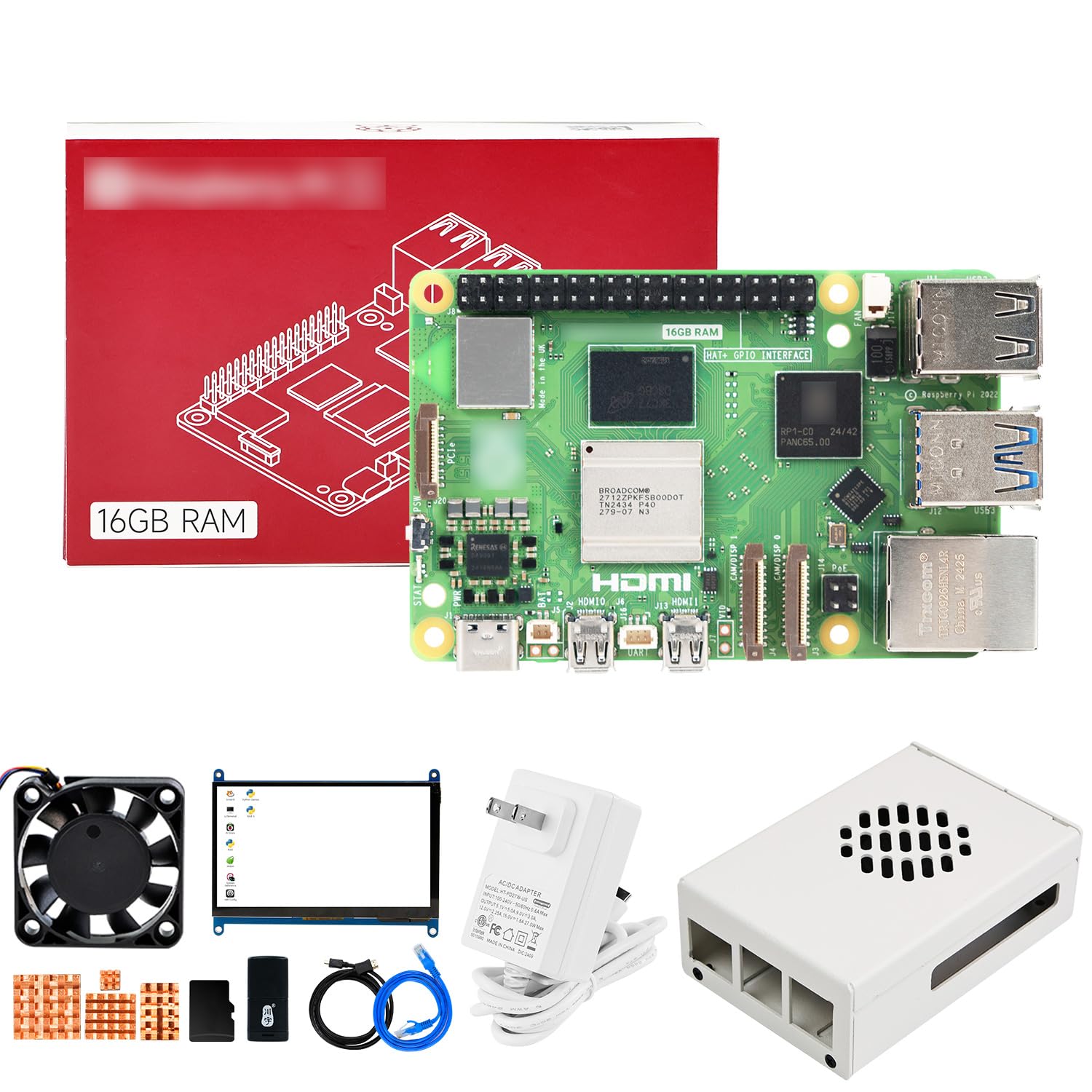 Yahboom Pi 5 16GB with 27W 5.1V5A USB-C Power Supply,Pi5 Board,64GB Card Readers Kit,Pi 5 Case,Micro HD Out Cables and User Manual (Pi5 16GB, 7 in Screen Kit)