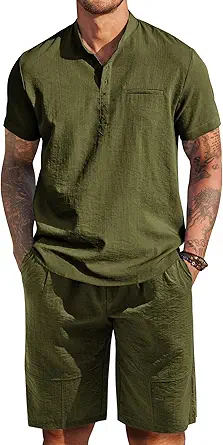 COOFANDY Men's 2 Piece Linen Set Short Sleeve Henley Shirts and Shorts Summer Beach Yoga Pants Set
