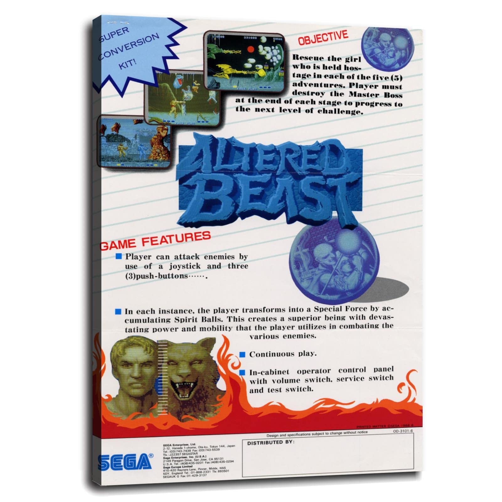 Xyyposter Altered Beast Arcade Flyer Wall Art Video Game Promotional Poster Canvas Prints Anime Poster Poster For Home Office Cinema Decorations With Framed 30"x20"