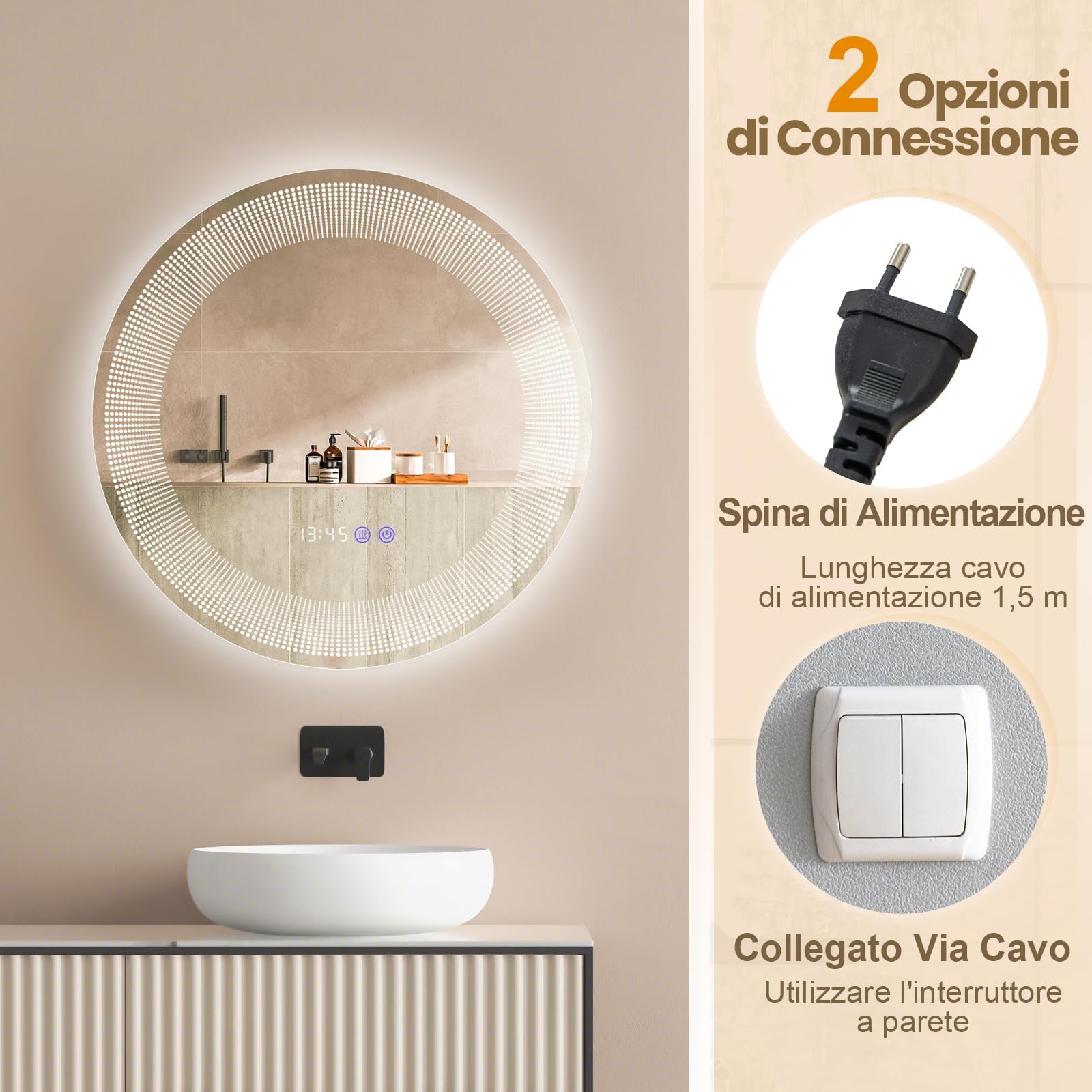 RELAX4LIFE specchio da bagno rotondo con illuminazione, specchio LED Ø 60 cm, 3 temperature di colore e interruttore touch, antiappannamento
