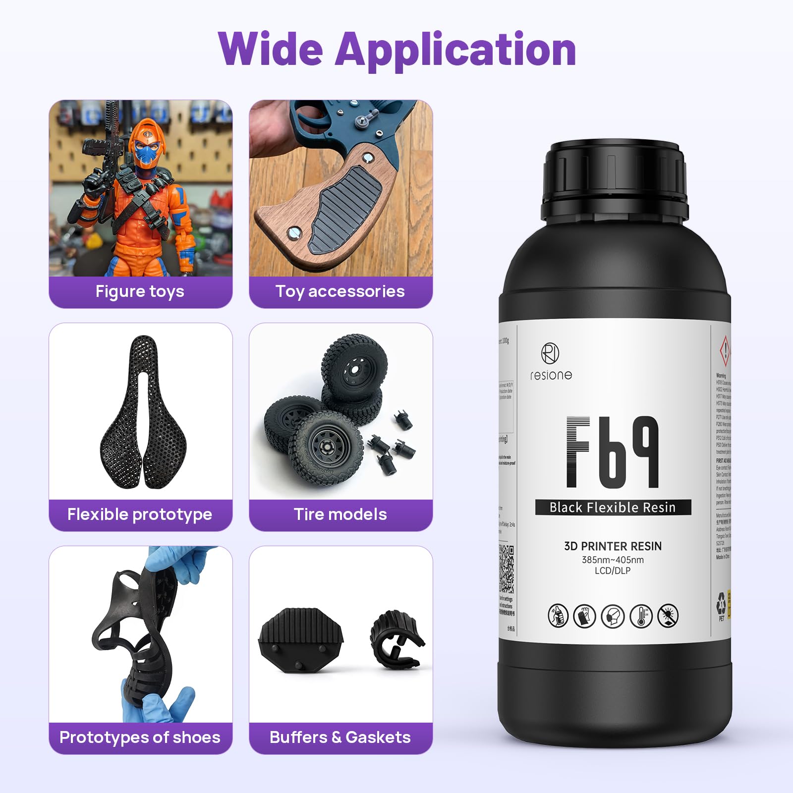 RESIONE Résine d'imprimante 3D flexible, 405nm Résine DLP LCD MSLA à durcissement UV Caoutchouc comme TPU comme résine photopolymère pour l'impression LCD (F69 Noir 1kg)