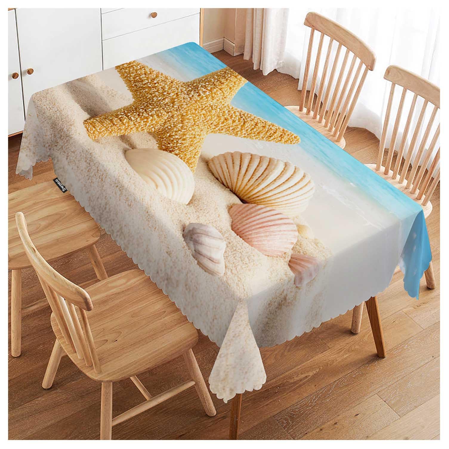 Seashell 52"X70" Oblong Table Cloth Tropical Ocean Beach Starfish and Seashells Wrinkle Free Table Cover Farmhouse Tablecloth for Home Restaurant Picnic Indoor Outdoor Dining