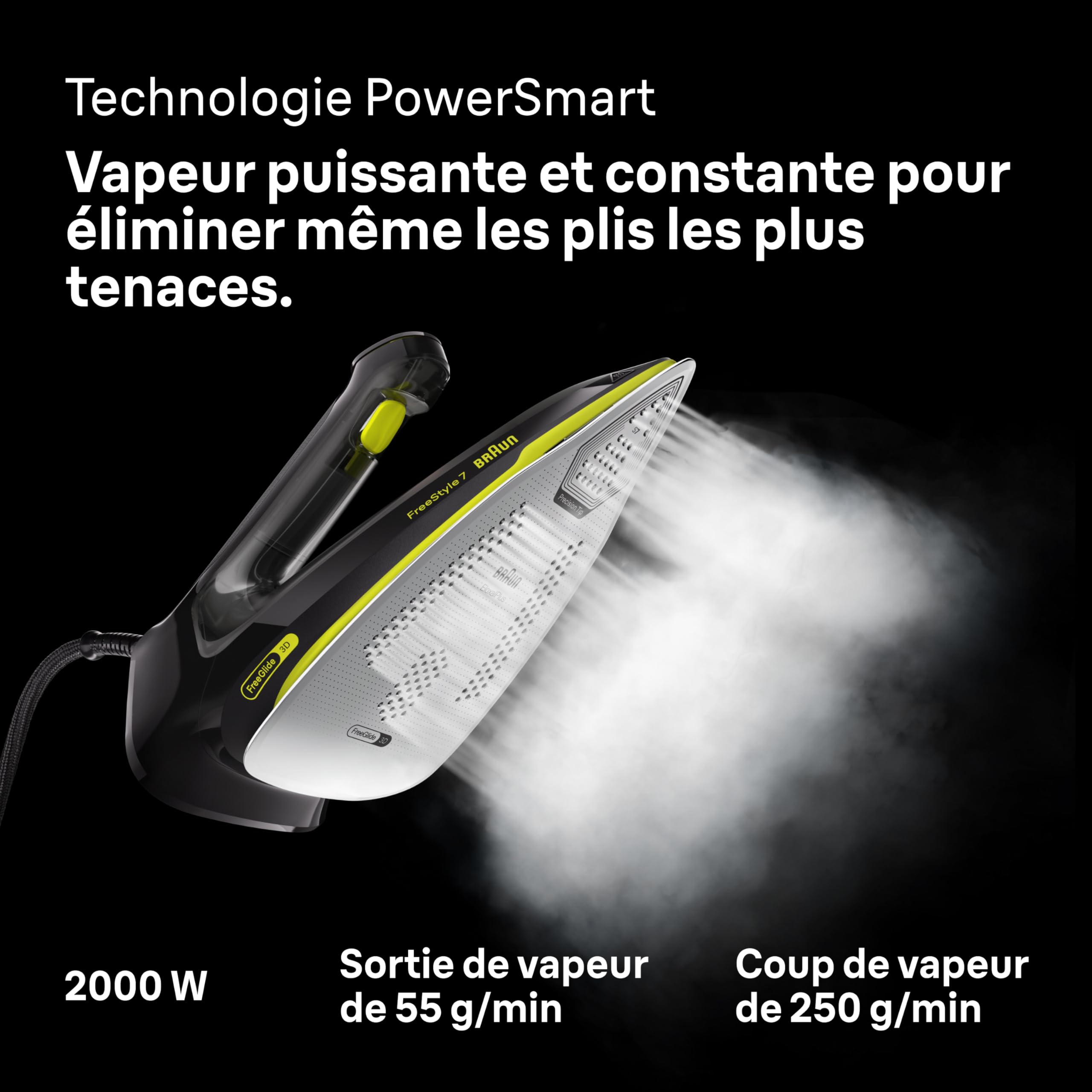 Braun FreeStyle 7 – Fer à Repasser Vapeur Ergonomique et Facile à Utiliser, Fonction Turbo, Repassage Rapide et Fluide, Design Certifié, Noir et Vert (FI7255GR)