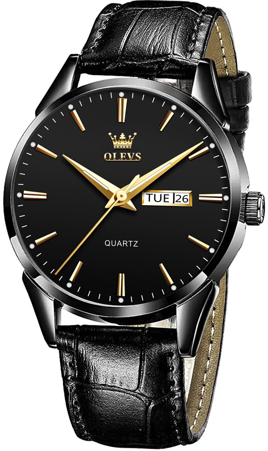 OLEVSWatches for Men Brown Leather Gold Case Analog Quartz Fashion Business Dress Watch Day Date Luminous Waterproof Casual Male Wrist Watches